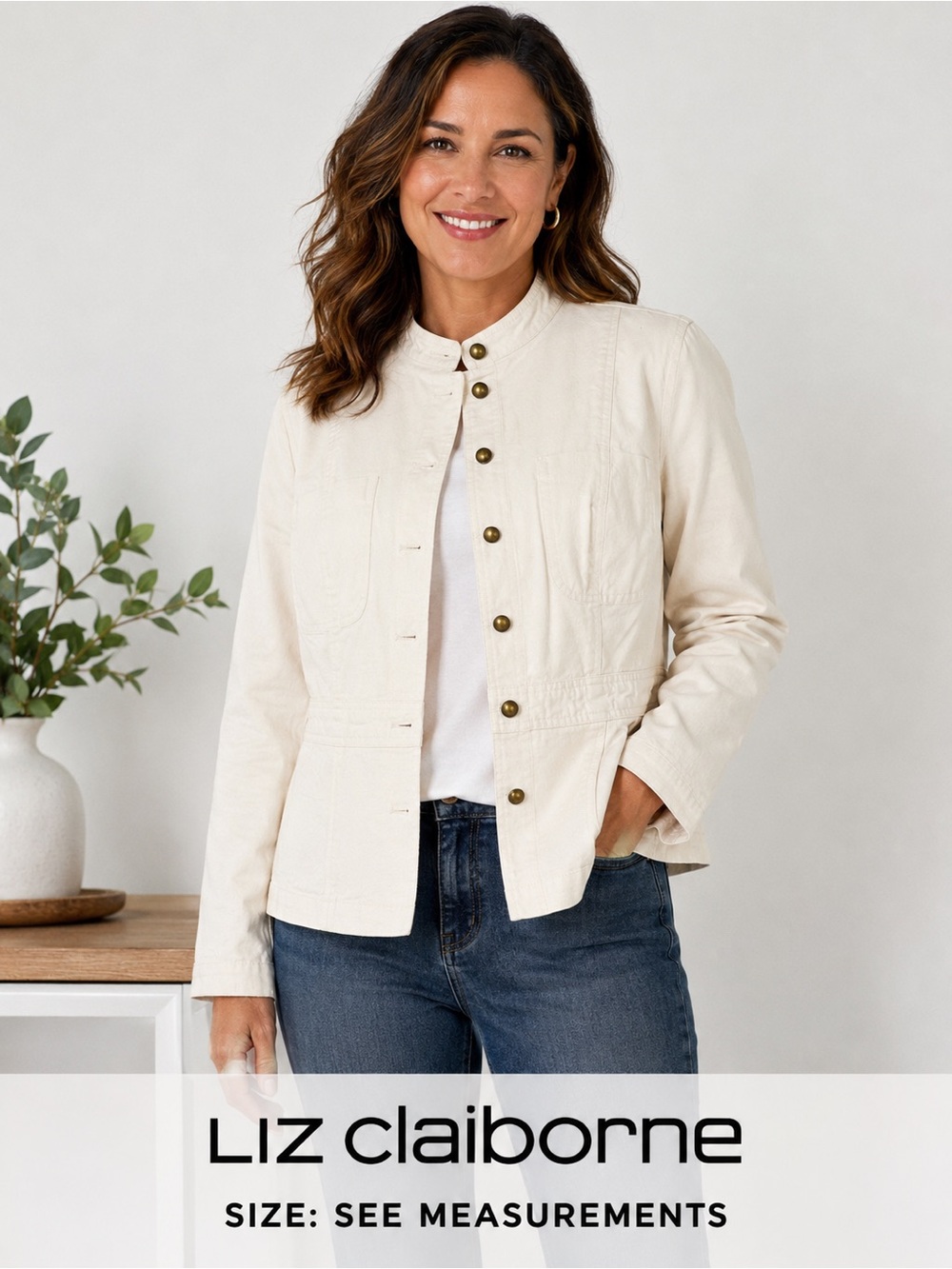 Liz Claiborne Ivory Utility Jacket Stand Collar cotton blend Cottagecore /M